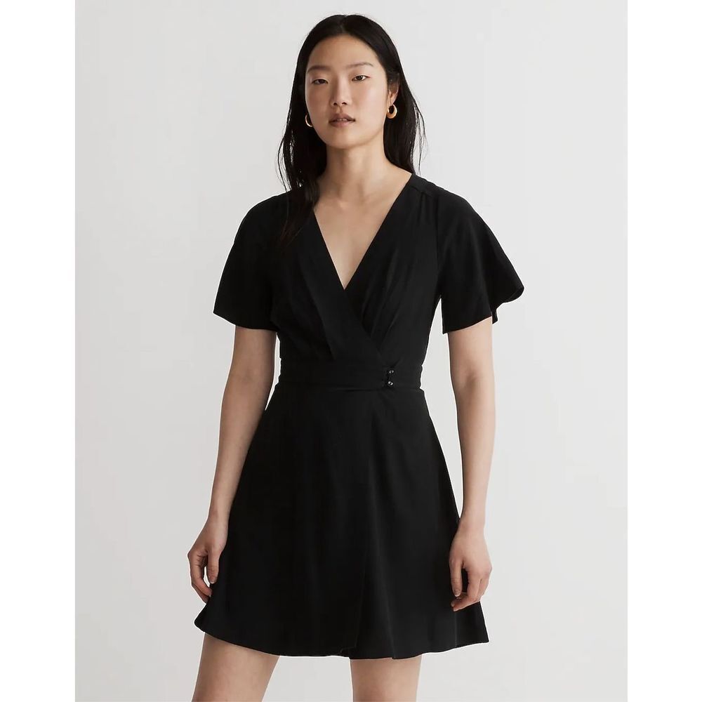 NWT Madewell Women's Black Surplice Neck Pleated Waist True Wrap Mini Dress 4